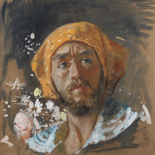 Bruin schilderij (portret) van man met baard en geel doek om zijn hoofd